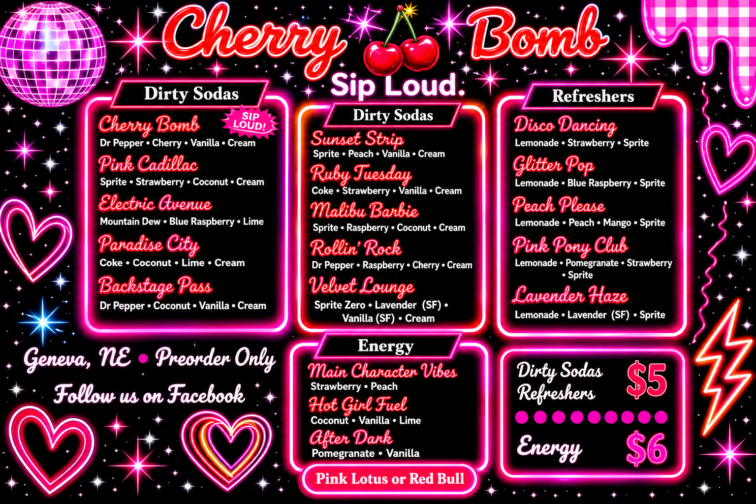 Cherry Bomb Physical Menu Board