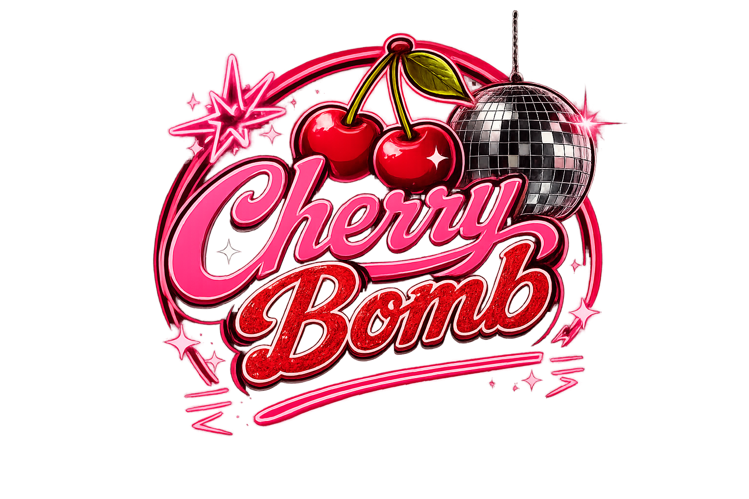 Cherry Bomb — retro illuminated neon sign with cherries and disco ball